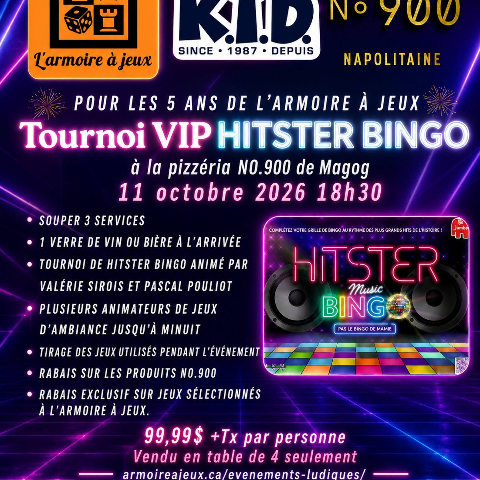 Table à 4 pour Tournoi Hitster Bingo VIP Pizza 900