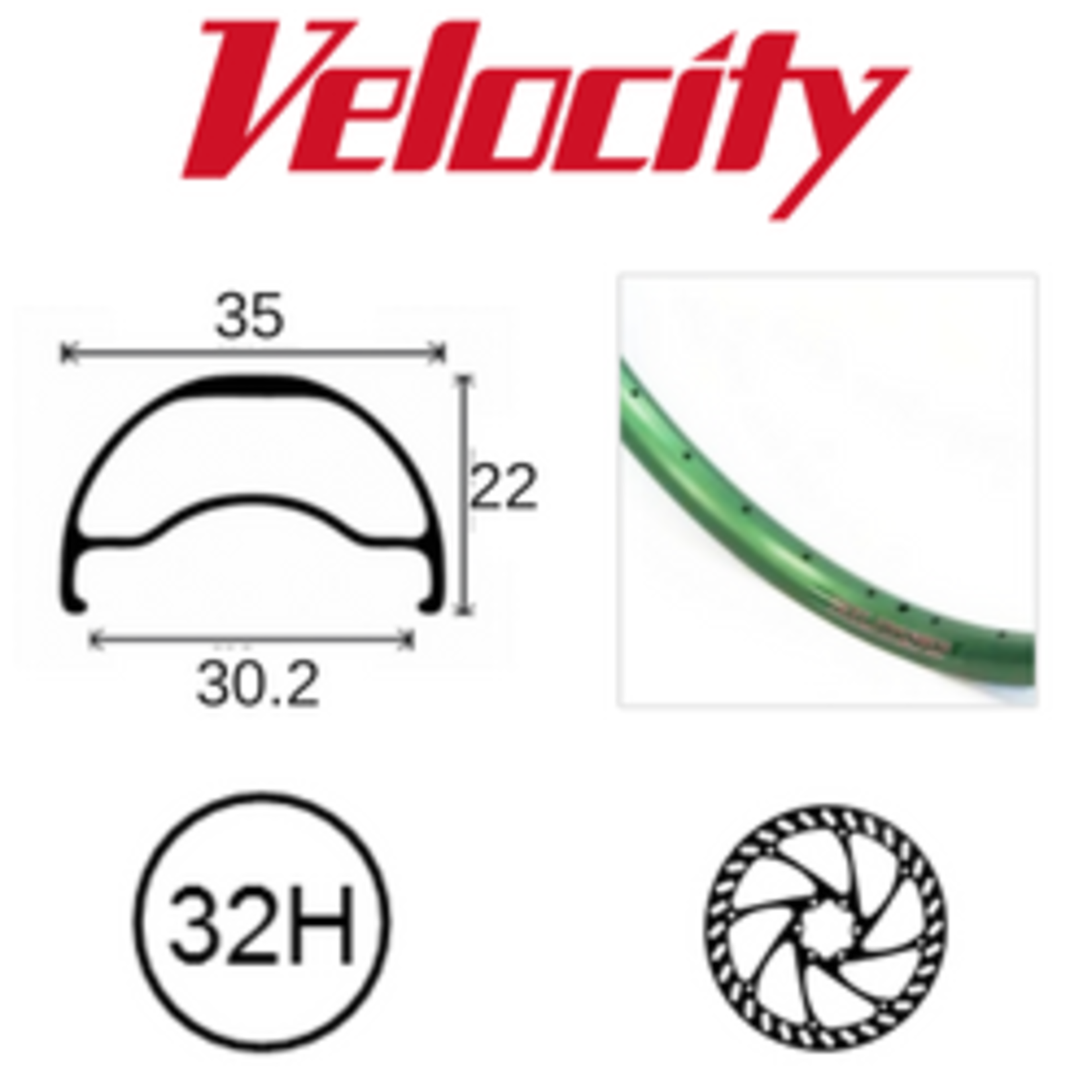velocity Velocity Rim - Blunt 35- 700C(622) 32H - Presta Valve - Disc Brake - D/W - Green