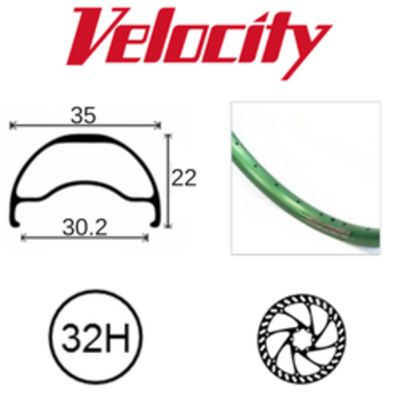 velocity Velocity Rim - Blunt 35- 26" (599) 32H - Presta Valve - Disc Brake - D/W - Green