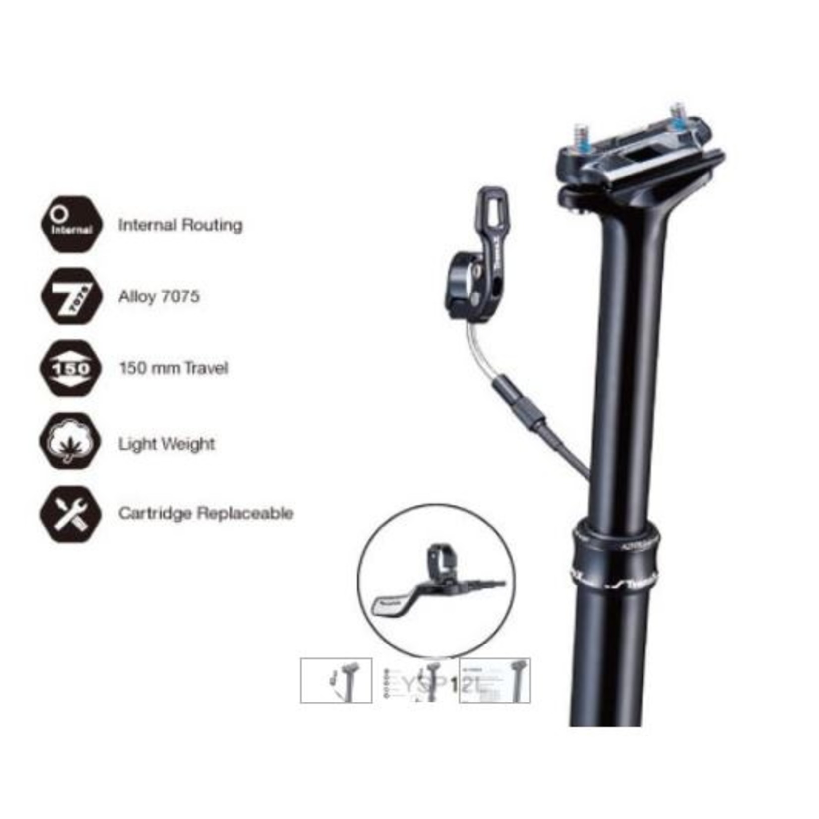 Tranzx Tranzx Bicycle Dropper Seatpost - Internal Routed Cable - 31.6mm - 125mm Travel