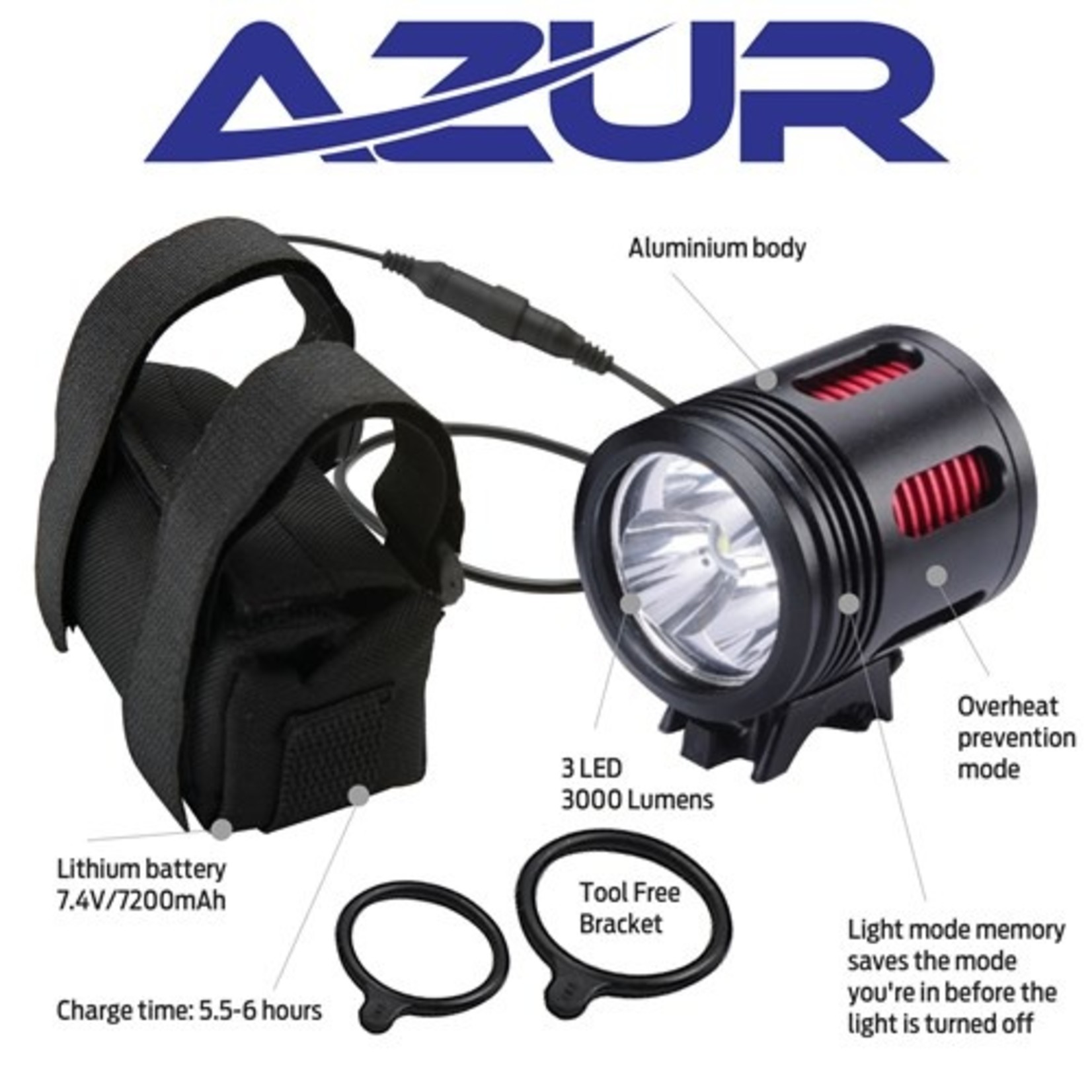 Azur Azur Bike/Cycling Titan 3000 Lumens Aluminium Body Head Light