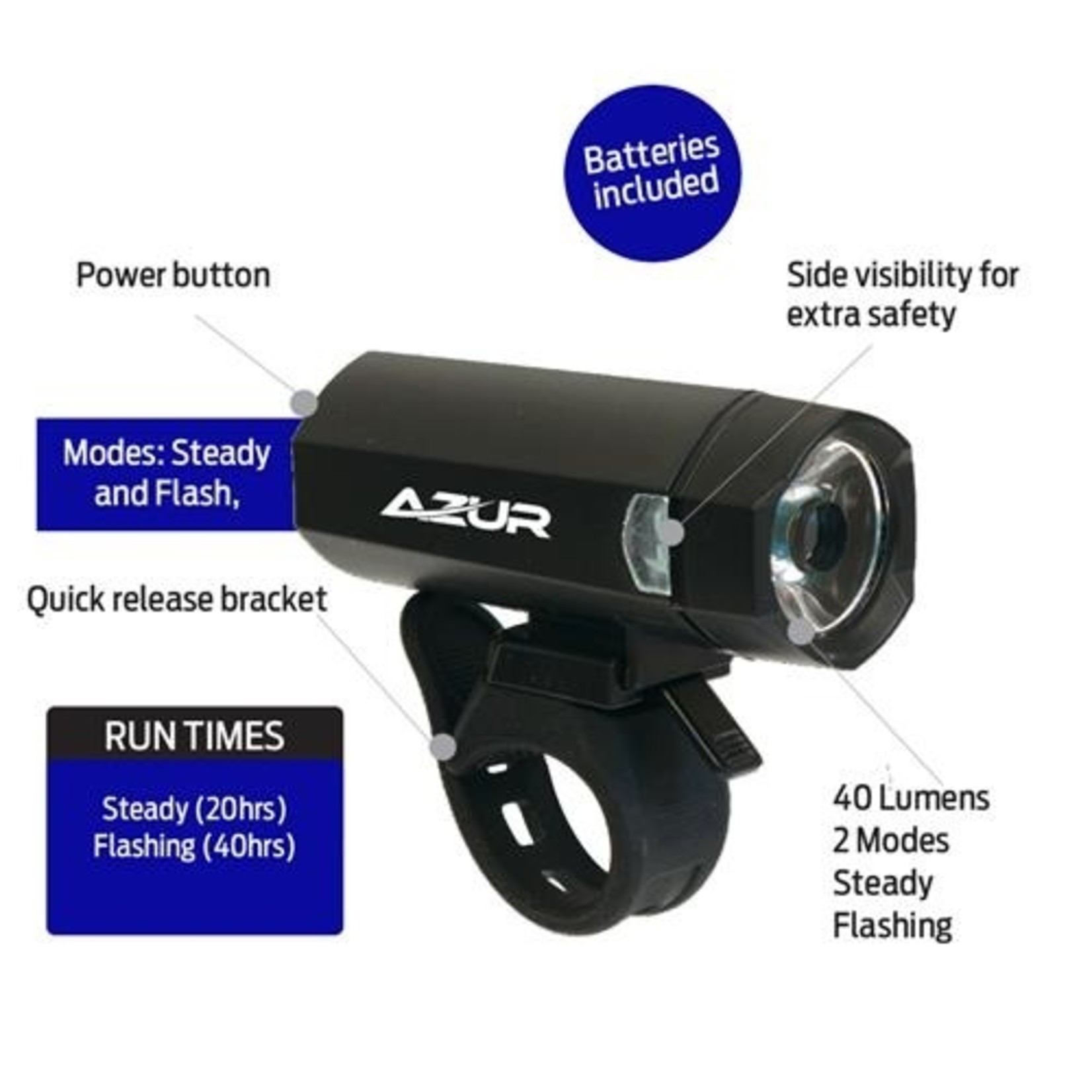 Azur Azur Bike/Cycling Light Set - Battery Blaze 40/25 Lumens - Front and Rear Light