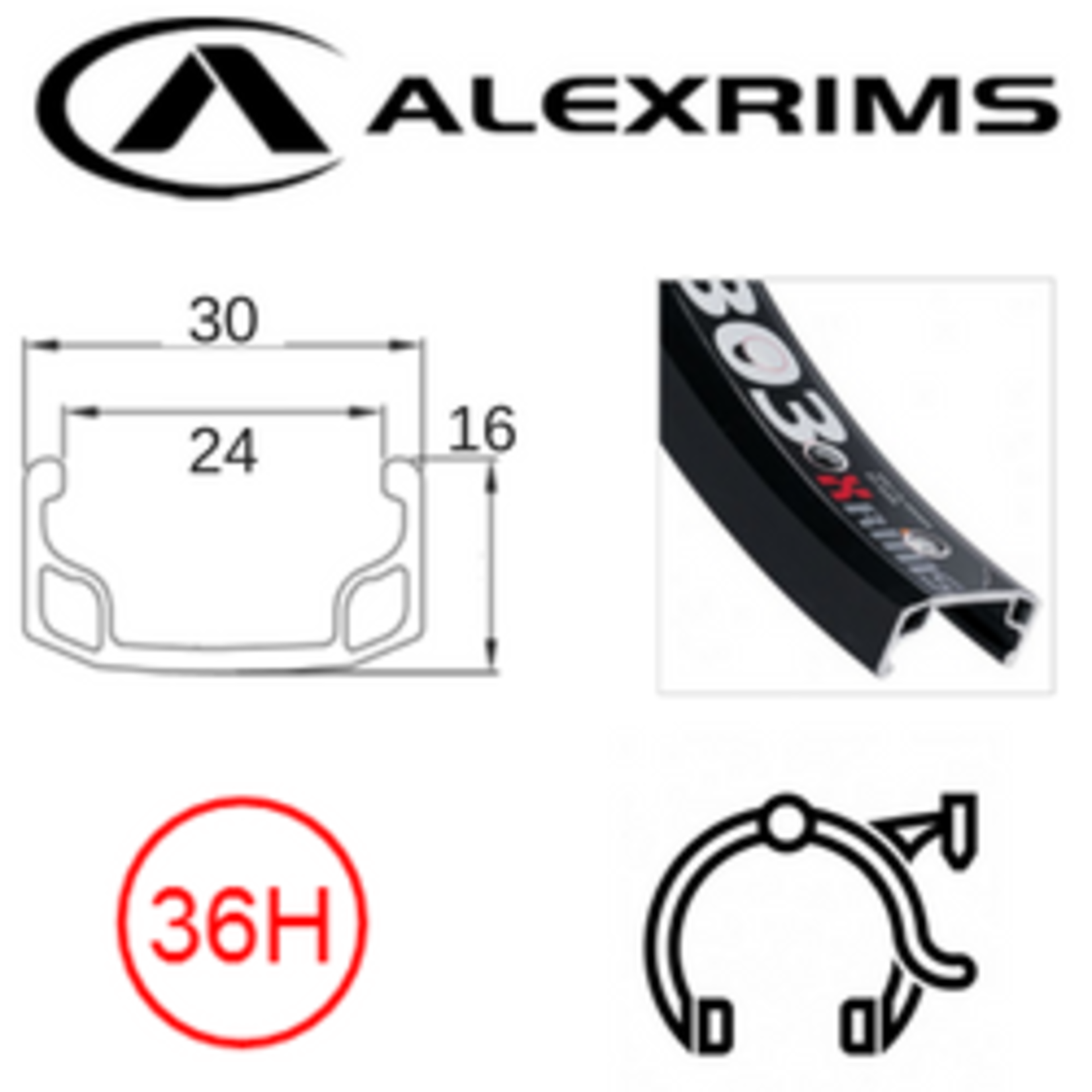 Alex Alexrims Bicycle Rim - 20 X 1.75 - G303 - S/W Anodised Rim - 36H A/v - Black