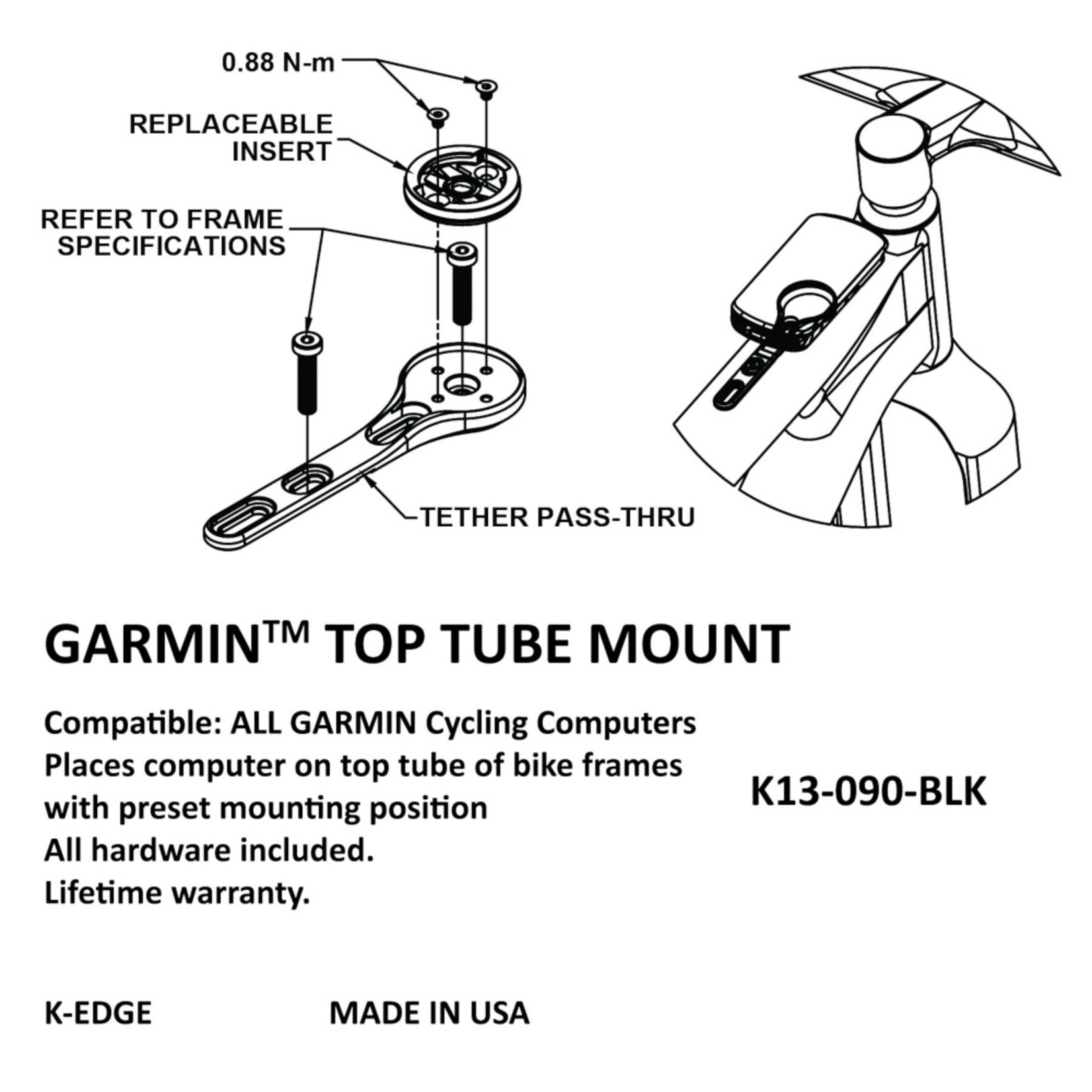 K-Edge K-Edge Top Tube Mount For Garmin - Black All Hardware Included Lifetime Warranty