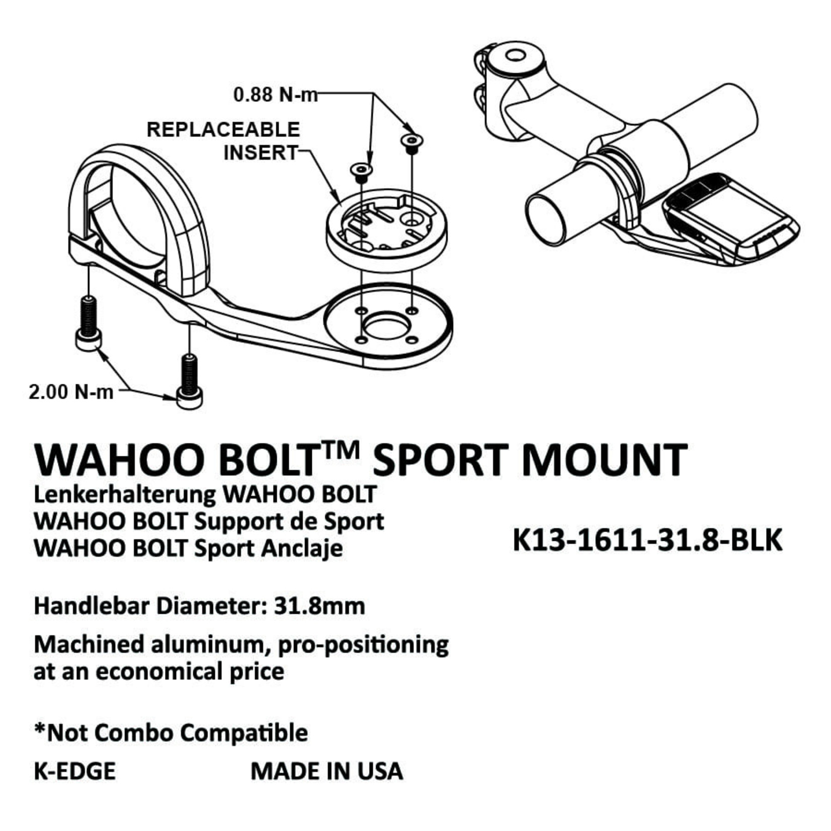 K-Edge K-Edge Sport Mount For Wahoo BOLT  - 31.8mm -Black CNC Machined 6061-T6 Aluminum