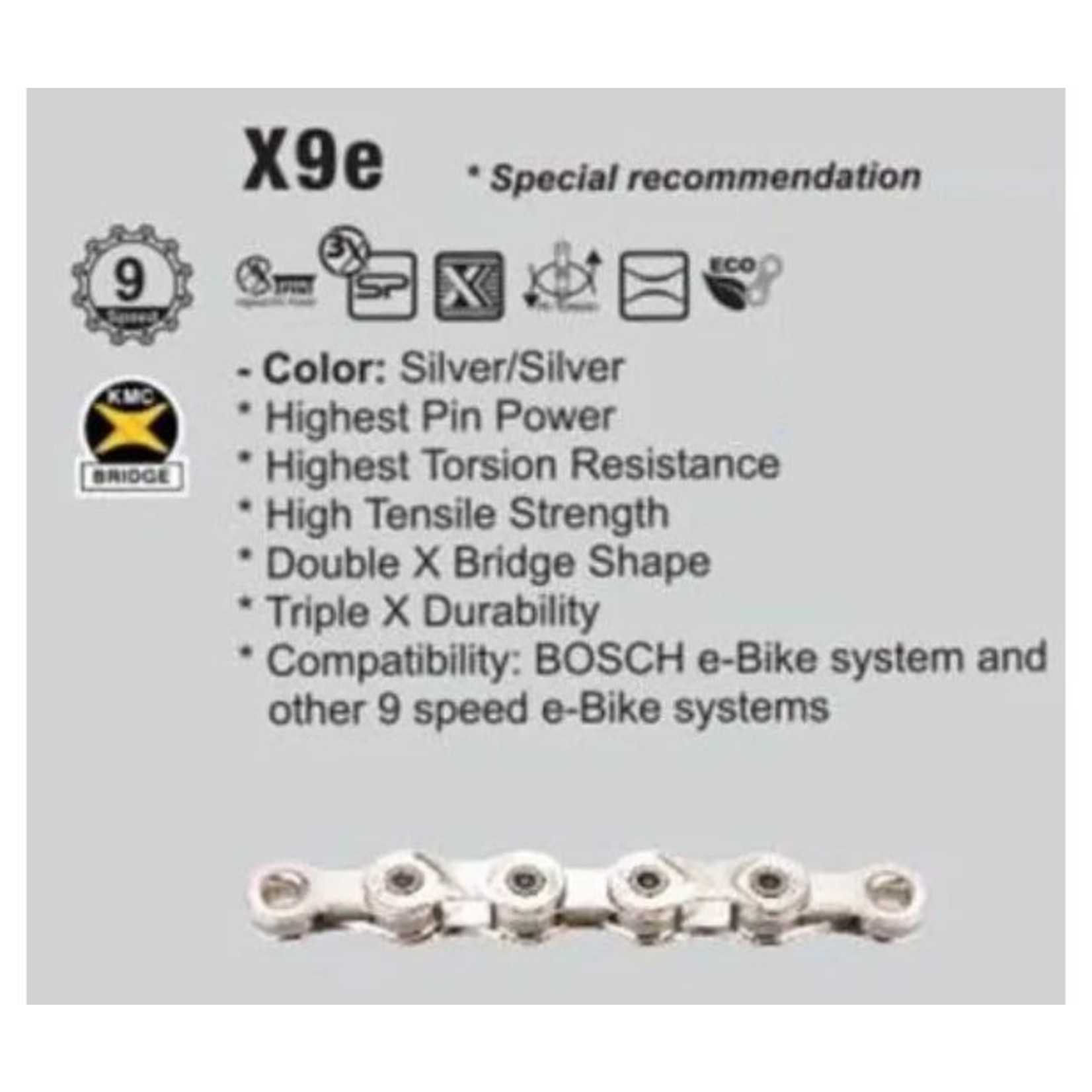 KMC KMC Bike Chain - E9T - 1/2X11/128"X136L - Cl566-Np - Extra Long - Silver/Silver