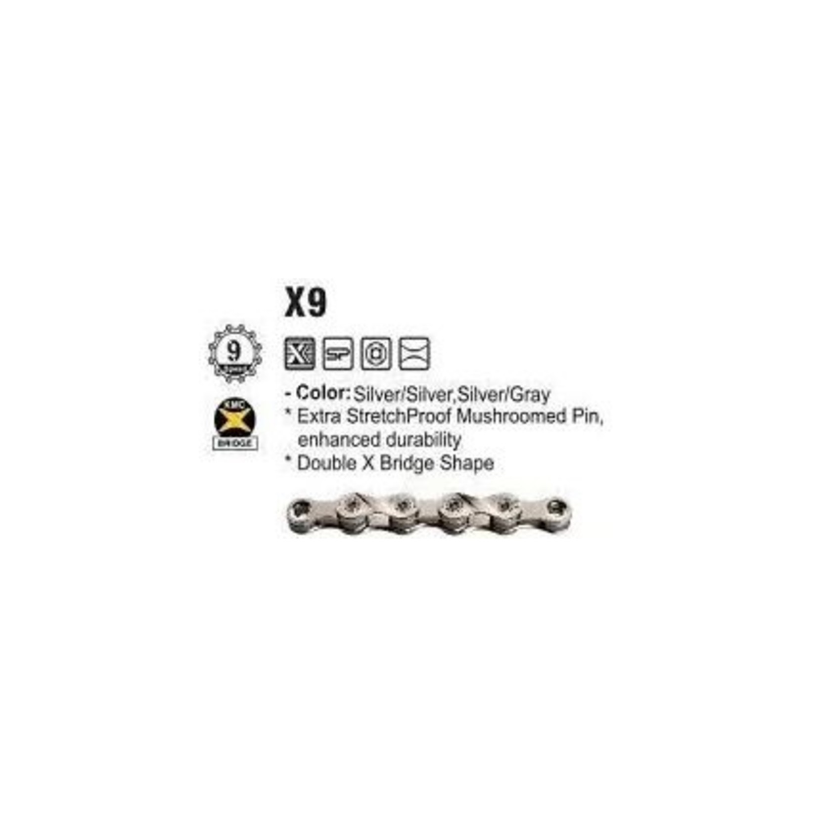 KMC KMC Bike Chain - X9 - 9 Speed - 1/2" X 11/128" X 116 Links - Silver/Silver