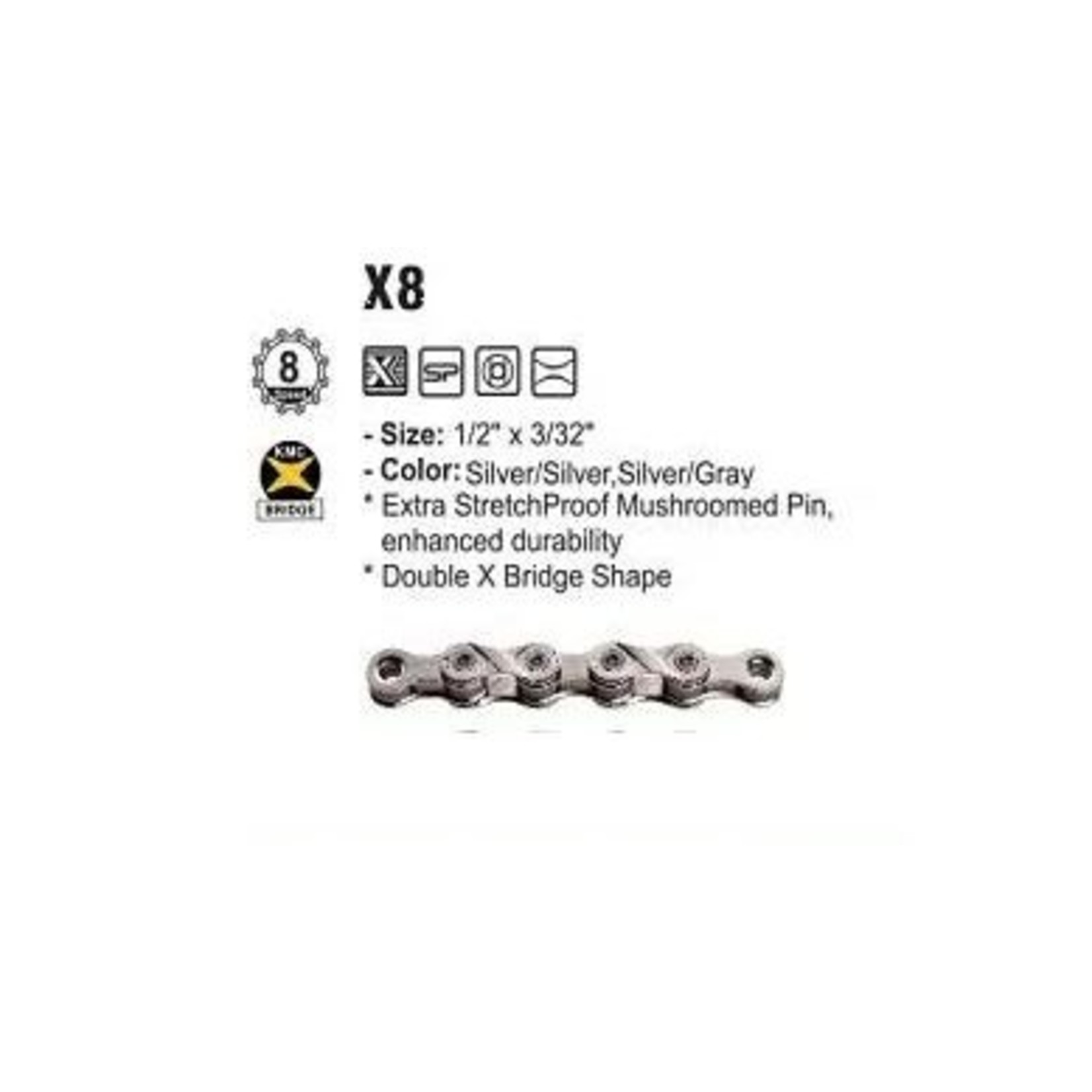 KMC KMC Bike Chain - X8 - 1/2" X 3/32" X 116 Links With Connector - Silver/Silver