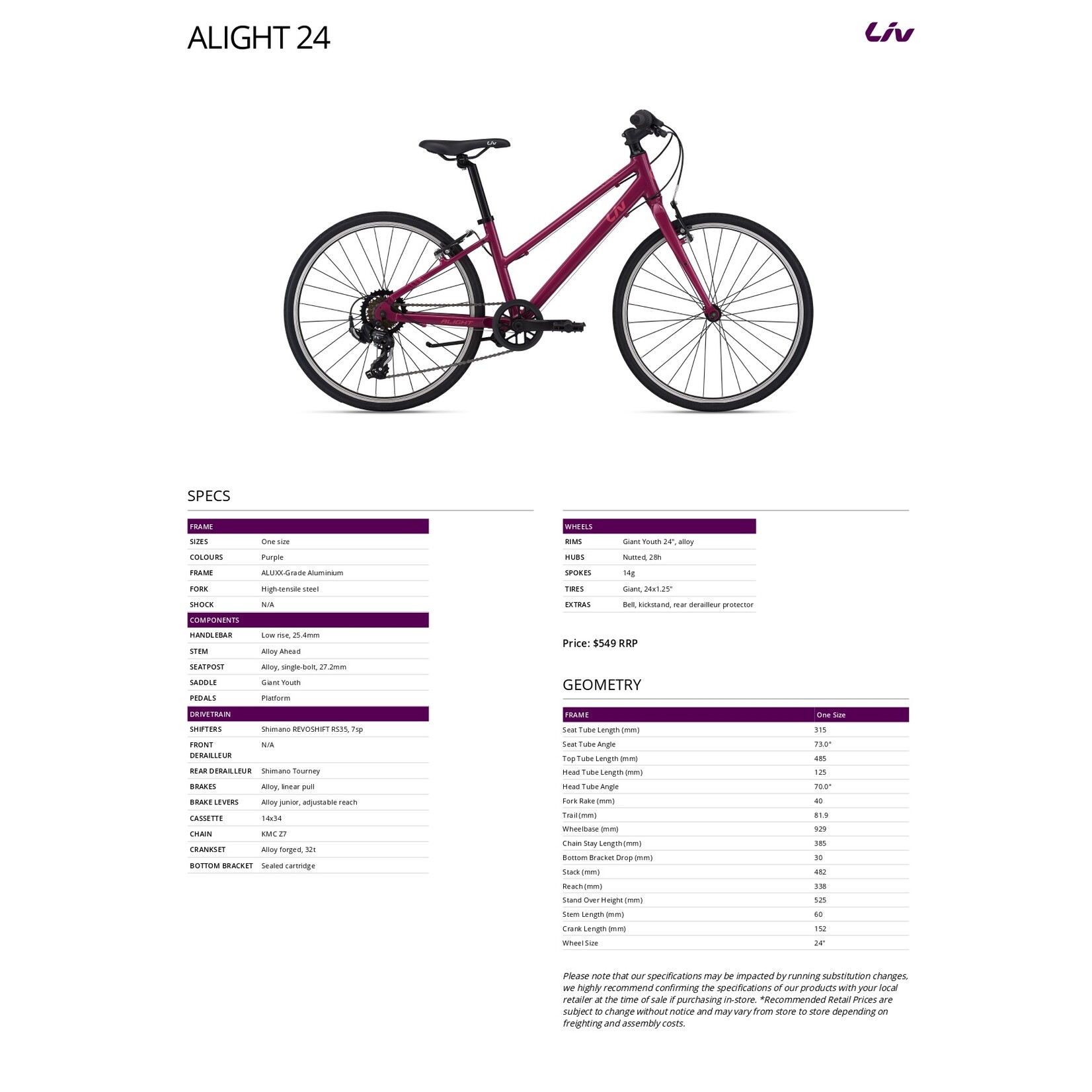 Giant Giant Alight 24 Bike - Purple