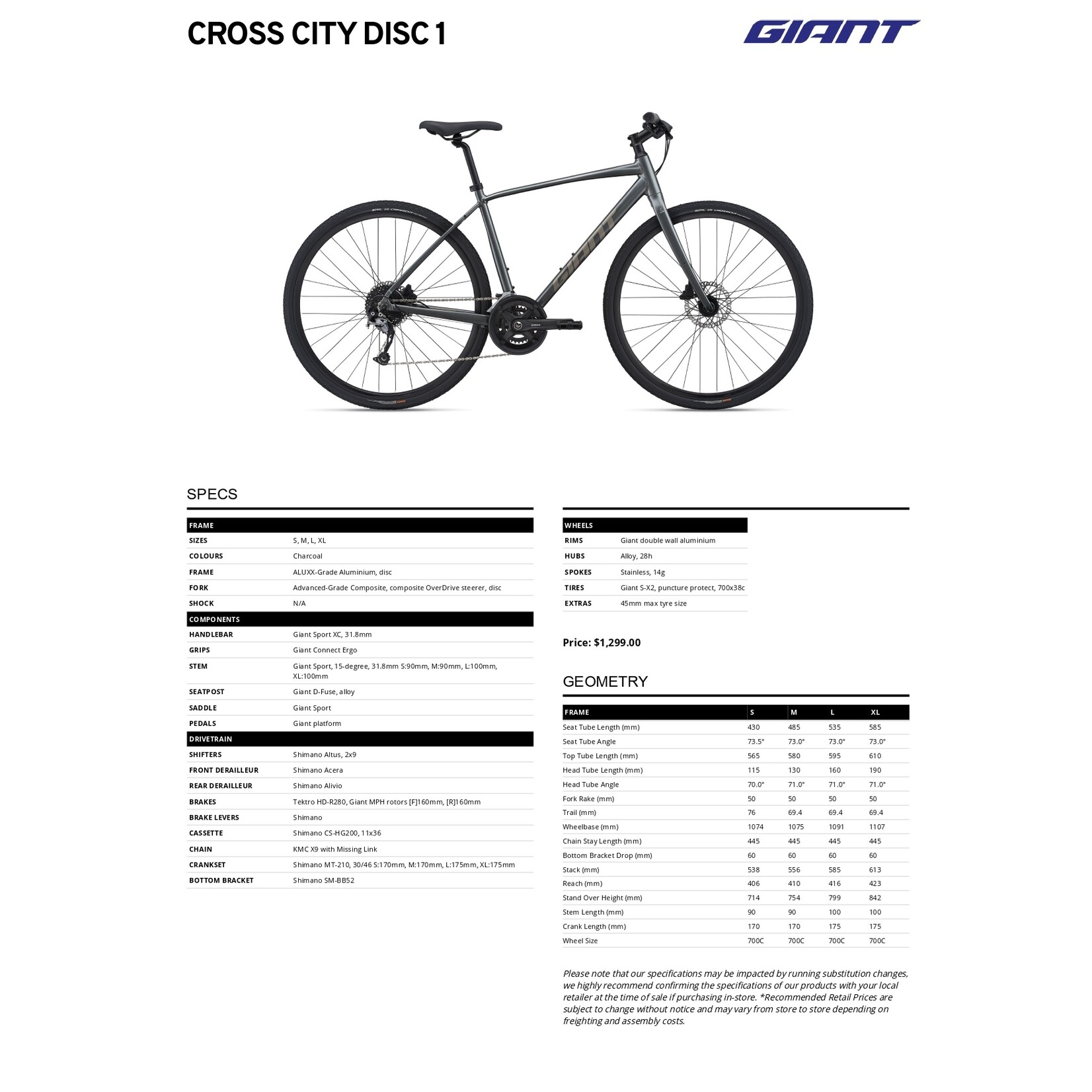 Giant Giant Bike Cross City 1 Disc - ALUXX-Grade Aluminium - 31.8mm - Large - Charcoal