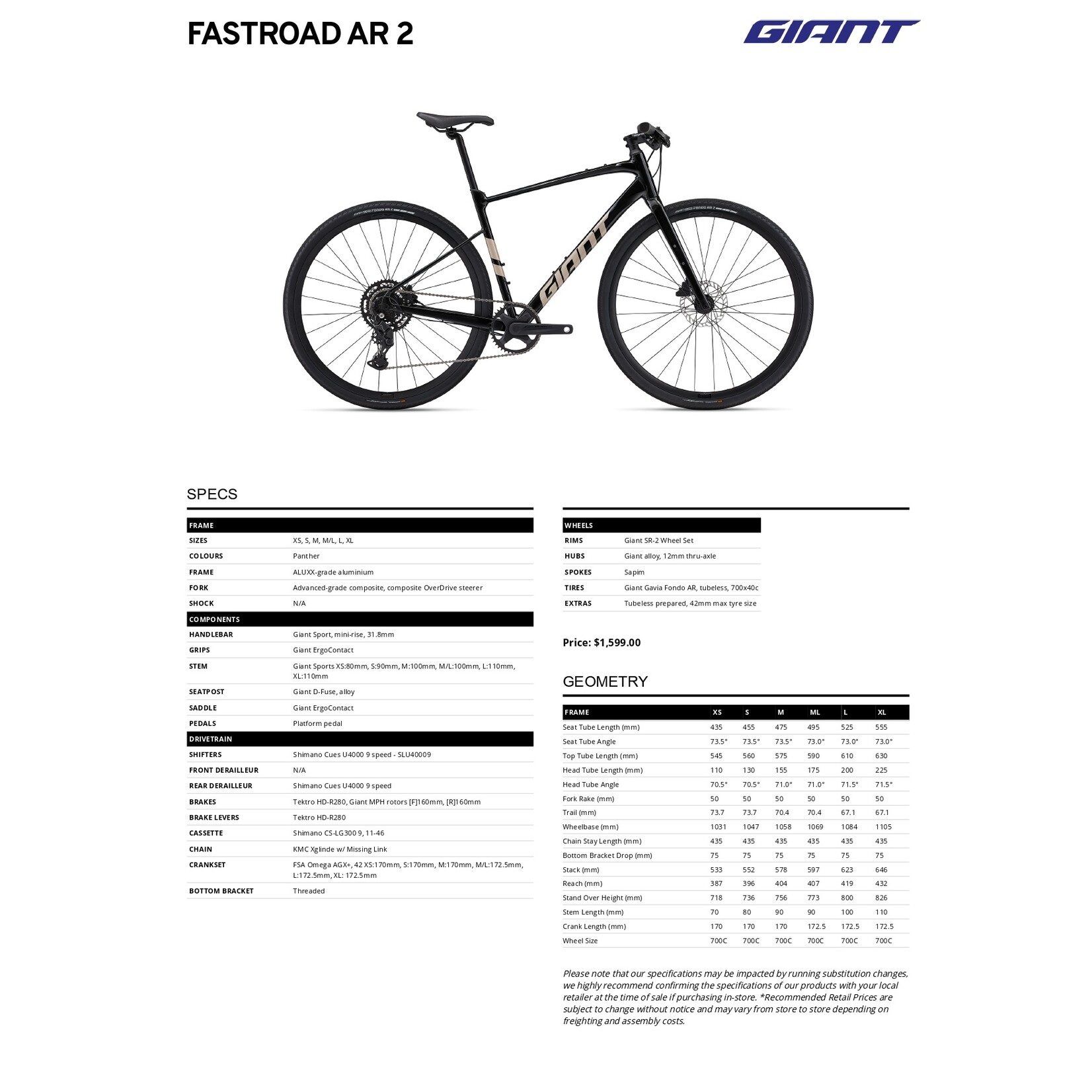 Giant Giant Bike FastRoad AR 2 - ALUXX-Grade Aluminium - Medium - Panther