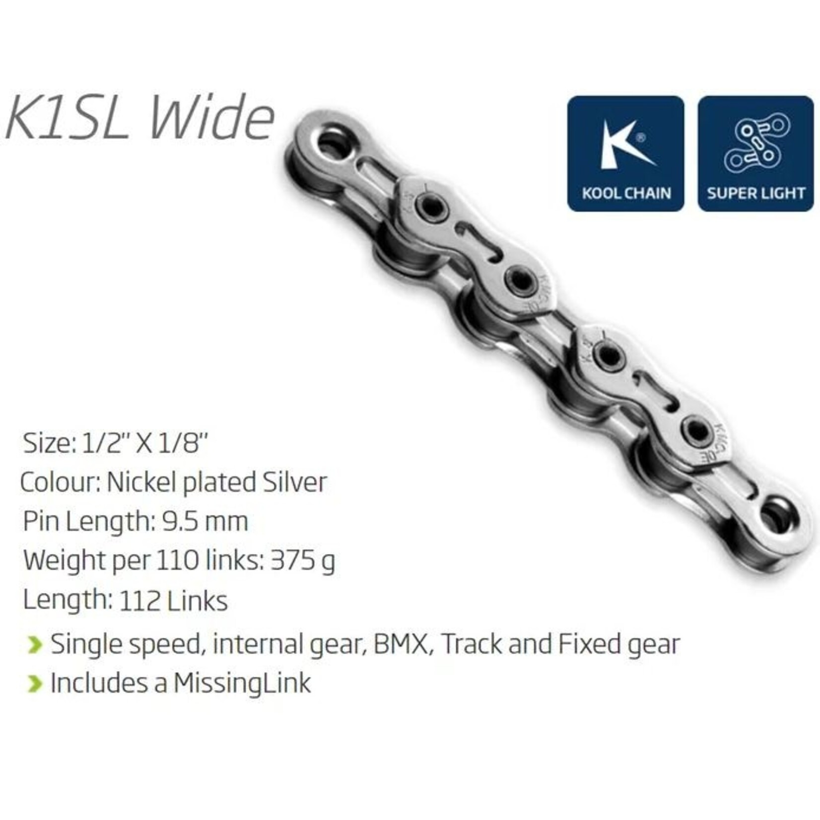 KMC KMC Bike Chain - K1Sl - Single Speed - 1/2 X 1/8" X 112 - Links - Silver