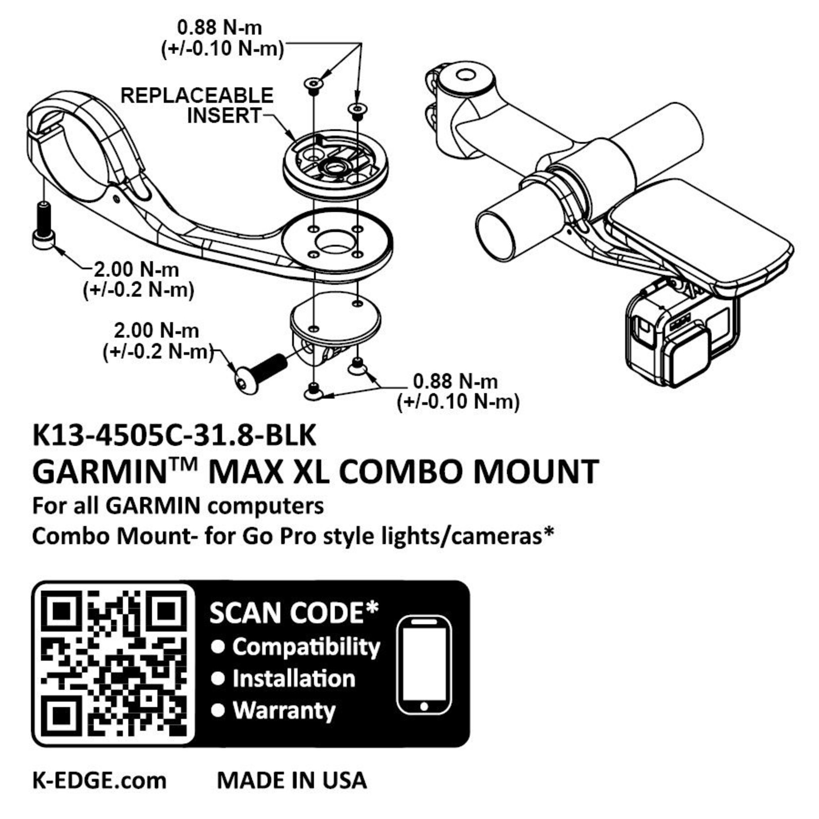 K-Edge K-Edge MAX XL Combo Mount For Garmin - CNC Machined Aluminum - 31.8mm - Black