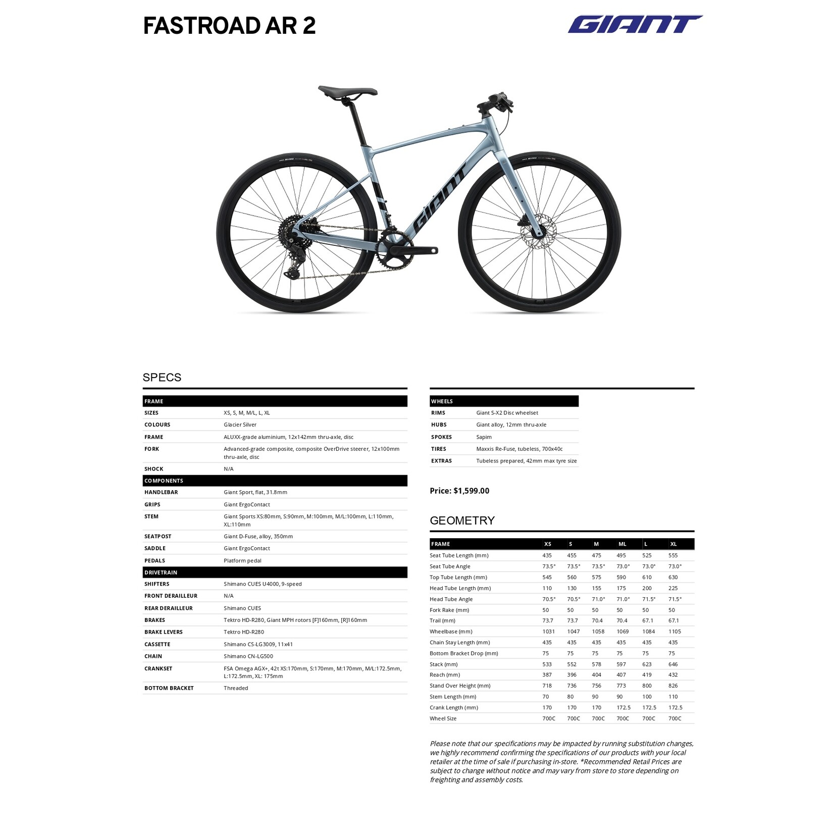 Giant Giant Bike FastRoad AR 2 -  ALUXX Aluminium - Glacier Silver