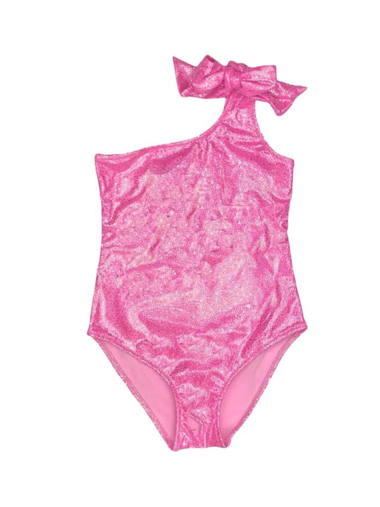 Piccoli Principi Swimwear Neon Pink Glitter One-Shoulder