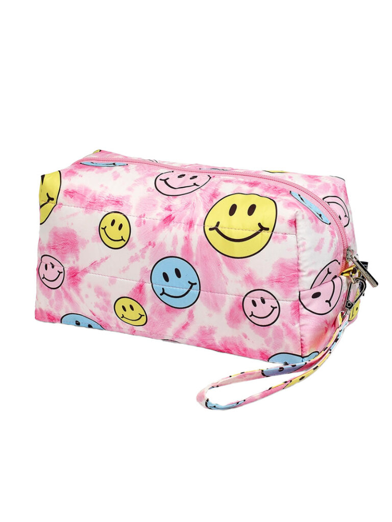 Top Trenz Tie-Dye Happy Face Puffer Cosmetic Bag