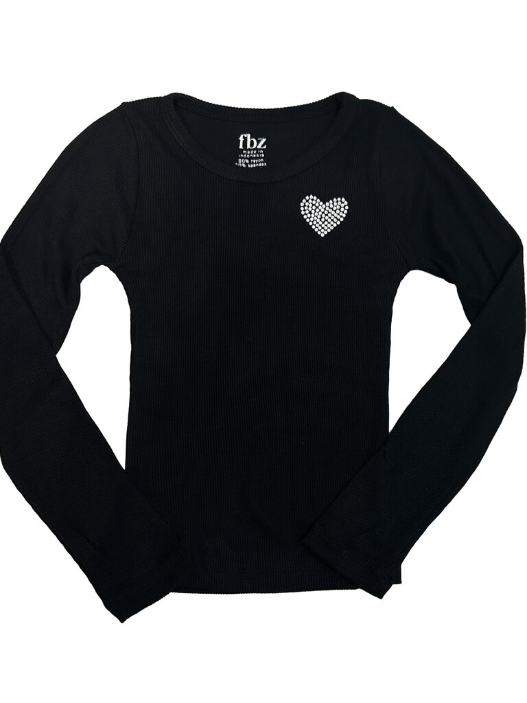 Flowers by Zoe Crystal Heart Ribbed Black Top