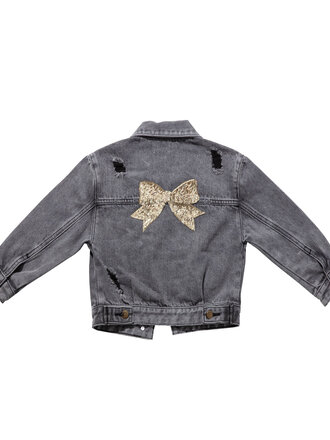 Petite Hailey Black Bow Patched Denim Jacket Petite Hailey Black Bow Patched Denim Jacket