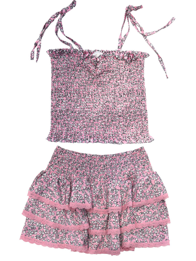 THEME Gemma Satin Pink Ditsy Ruffle Skirt