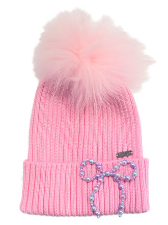 Bari Lynn Pom Pearl Bow Cuff Hat Bari Lynn Pom Pearl Bow Cuff Hat