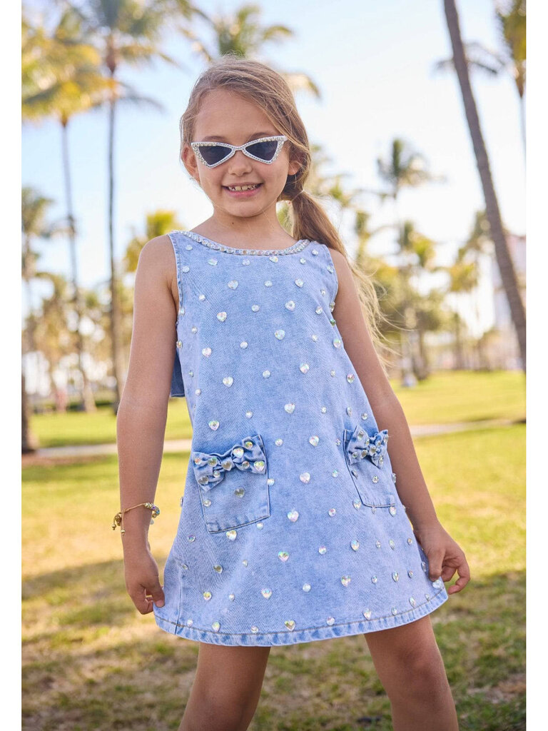 Lola and the Boys Crystal Heart Denim Bow Dress
