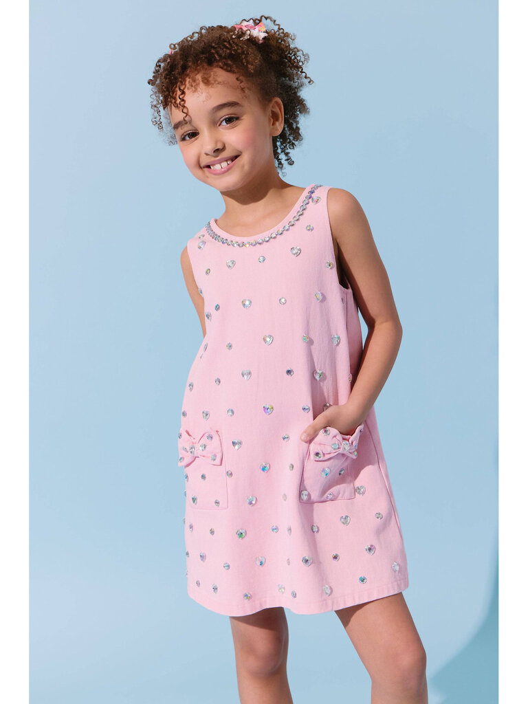 Lola and the Boys Pink Crystal Heart Denim Bow Dress
