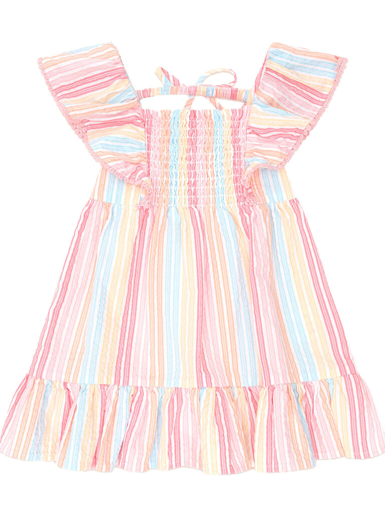 HUXBABY Vintage Rainbow Stripe Shirred Dress