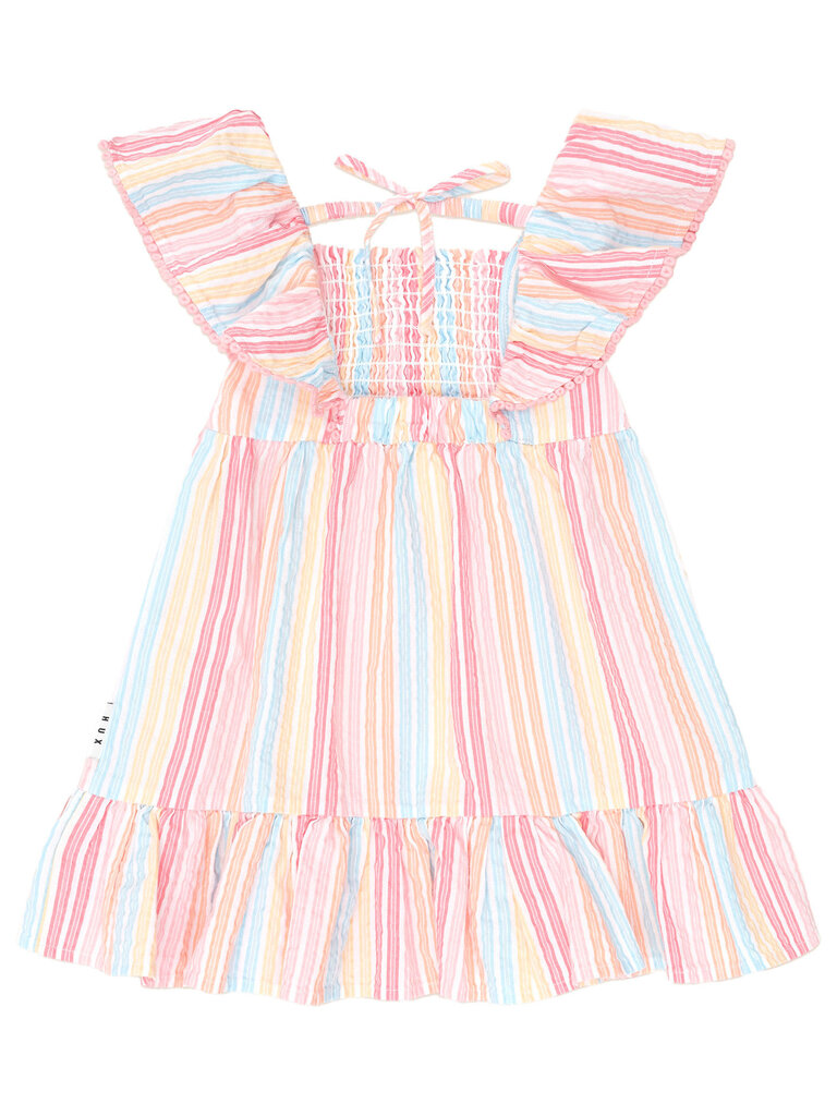 HUXBABY Vintage Rainbow Stripe Shirred Dress