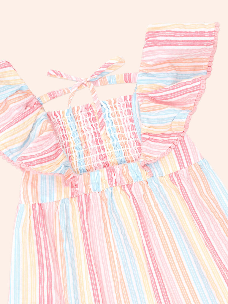 HUXBABY Vintage Rainbow Stripe Shirred Dress