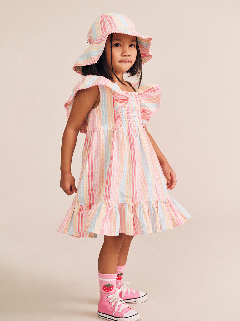 HUXBABY Vintage Rainbow Stripe Shirred Dress