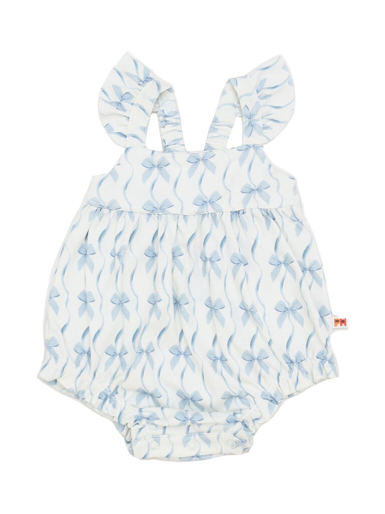 Petite Hailey Blue Bow Ruffle Bubble Romper