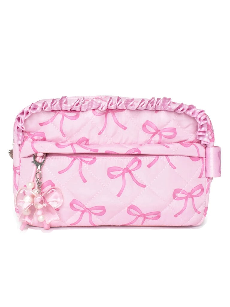 Bow Charm Pearls Pink Quilted Pouch