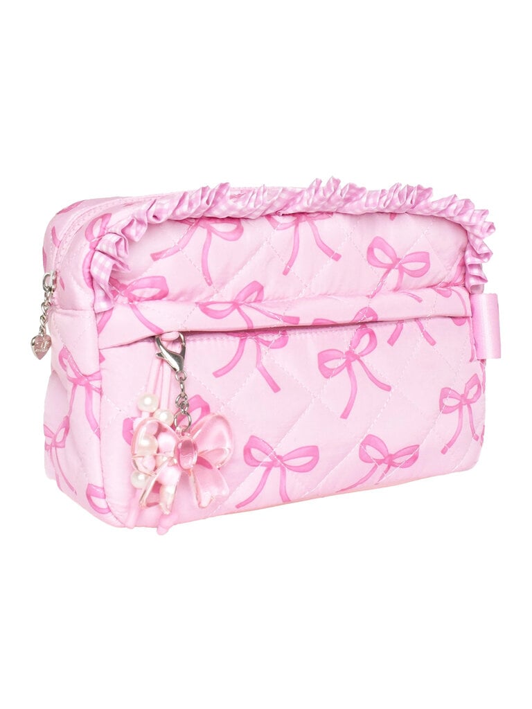 Bow Charm Pearls Pink Quilted Pouch
