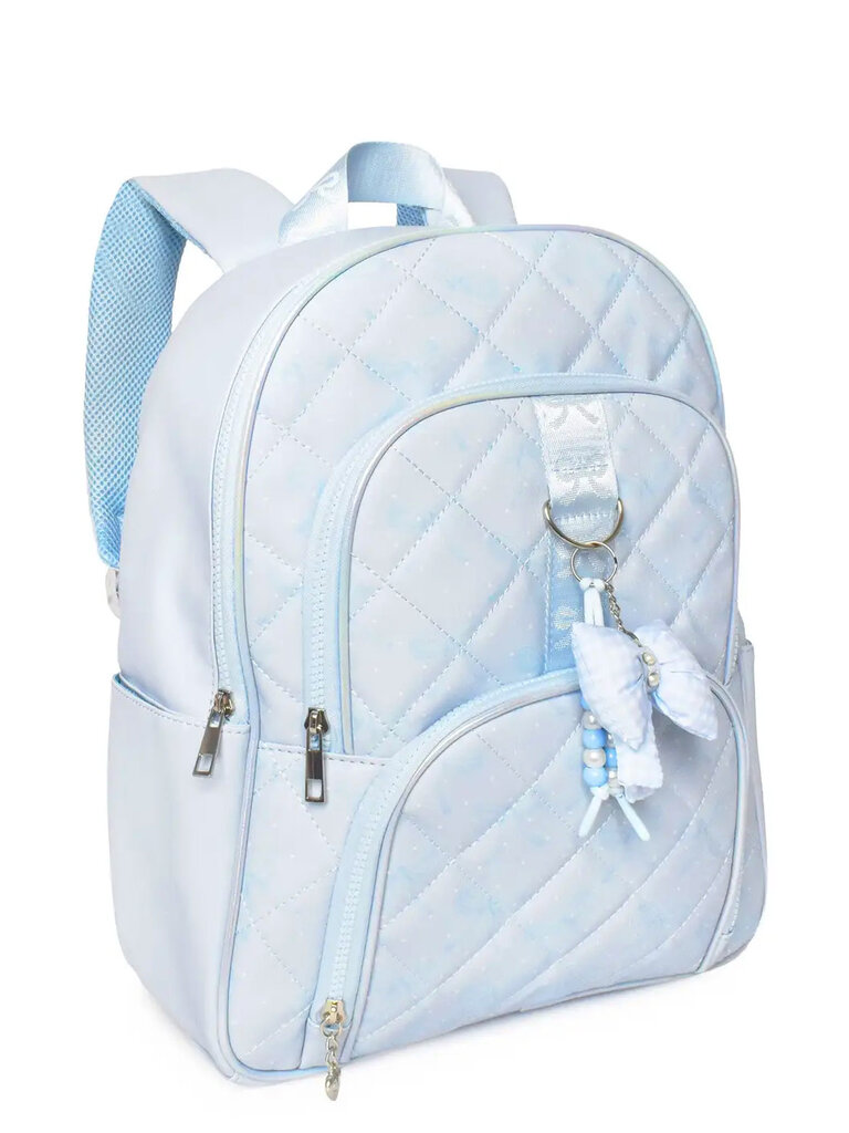 Blue Bow Print Quilted Large Backpack with Charm