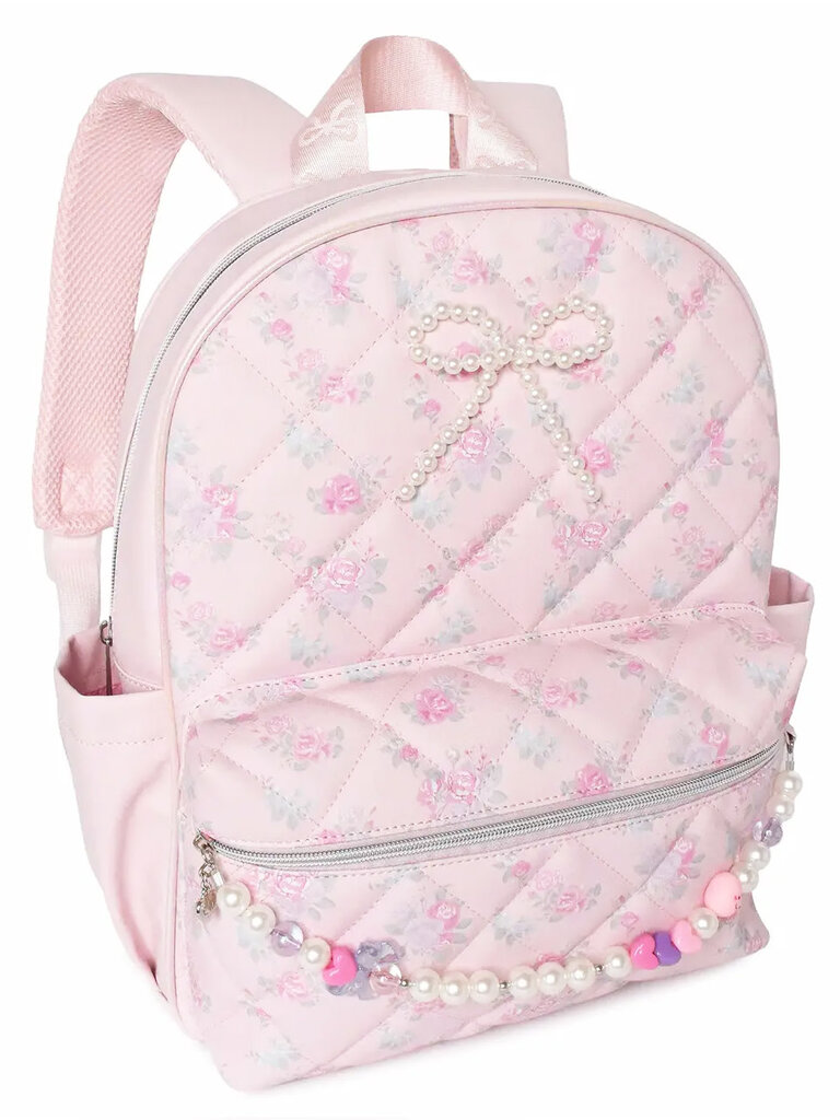 Floral Quilted Backpack w Pearl Charm