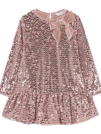 Mayoral Girl Pink Velvet Sequin Dress With Bow