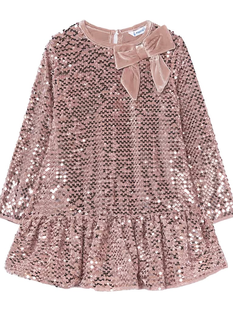 Mayoral Girl Pink Velvet Sequin Dress With Bow