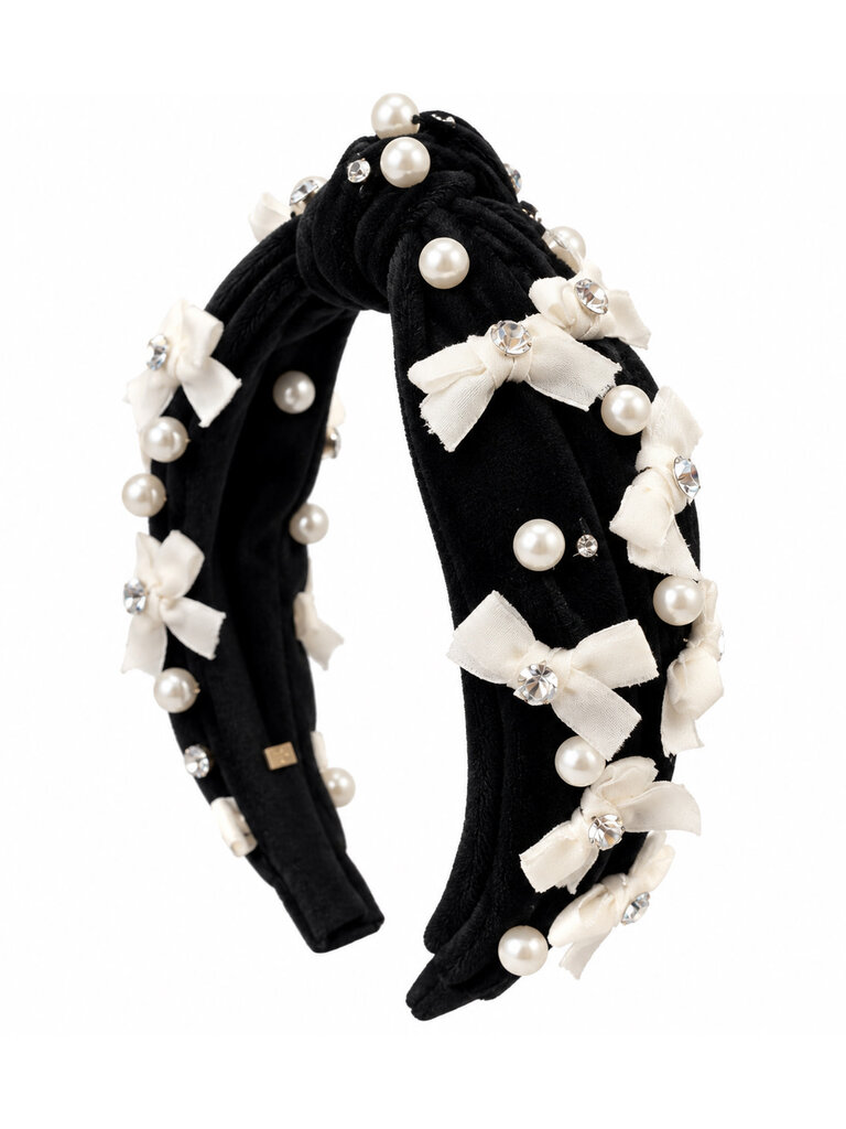 Bari Lynn Velvet Crystal Pearl Bows Headband