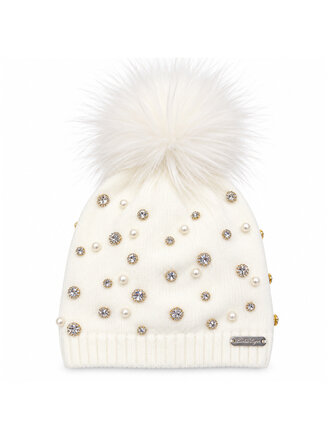 Bari Lynn Ivory Pearl Jewel Pom Hat