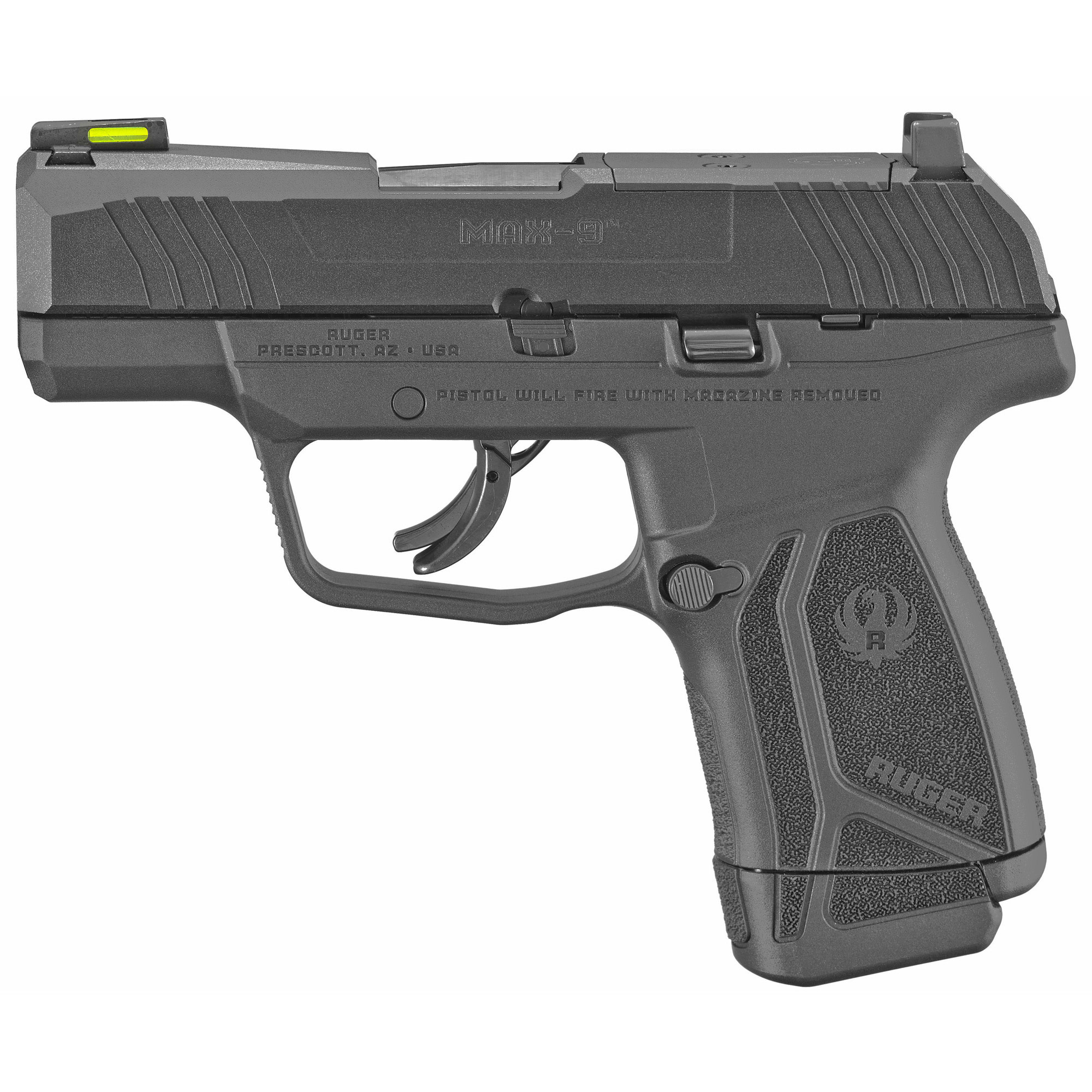 RUGER Ruger, MAX-9, Striker Fired, Semi-automatic, Polymer Frame Pistol, Sub-Compact, 9MM, 3.20" Barrel, Black Oxide Finish, Front TFO Night Sight, Optics Ready, No Thumb Safety, 2 Magazines, (1)-12 Rounds and (1)-10 Rounds