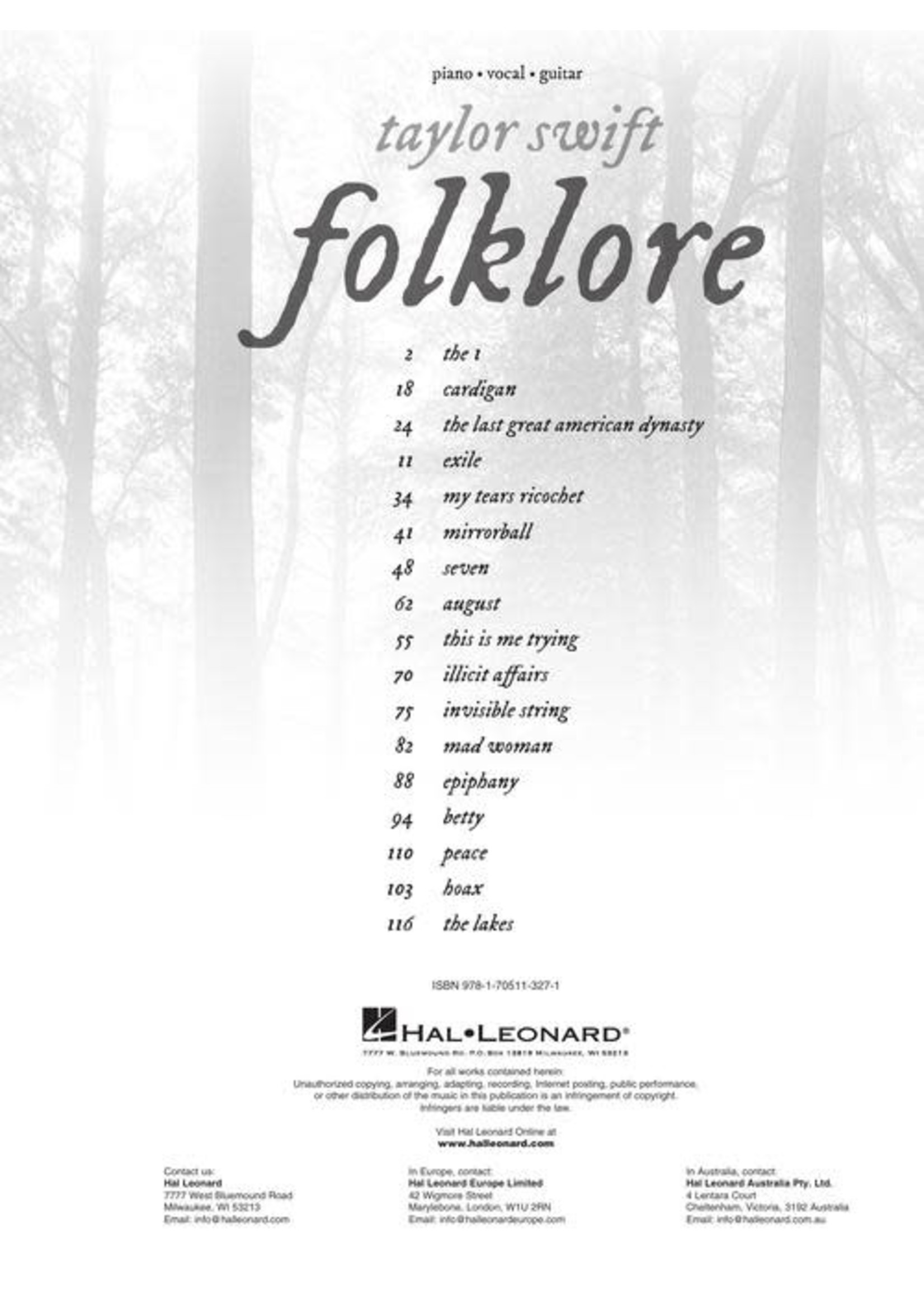 Hal Leonard Taylor Swift - Folklore PVG