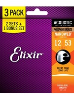 Elixir Elixir Nanoweb Coated Phosphor Bronze Acoustic Guitar Strings (.012-.053) (2+1 Pack) Item ID: 16545
