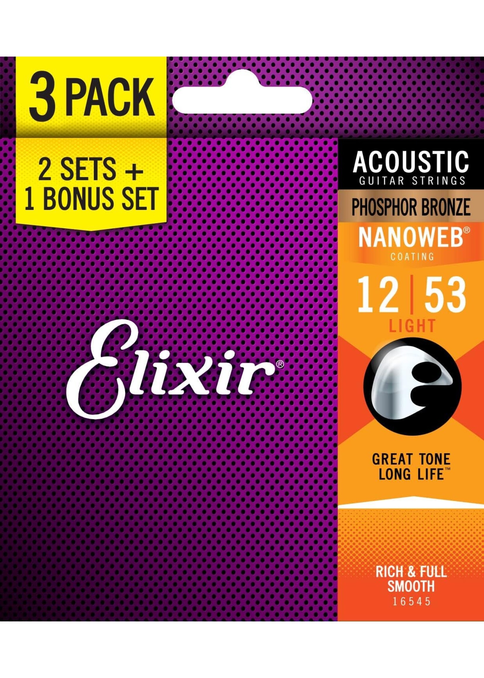 Elixir Elixir Nanoweb Coated Phosphor Bronze Acoustic Guitar Strings (.012-.053) (2+1 Pack) Item ID: 16545