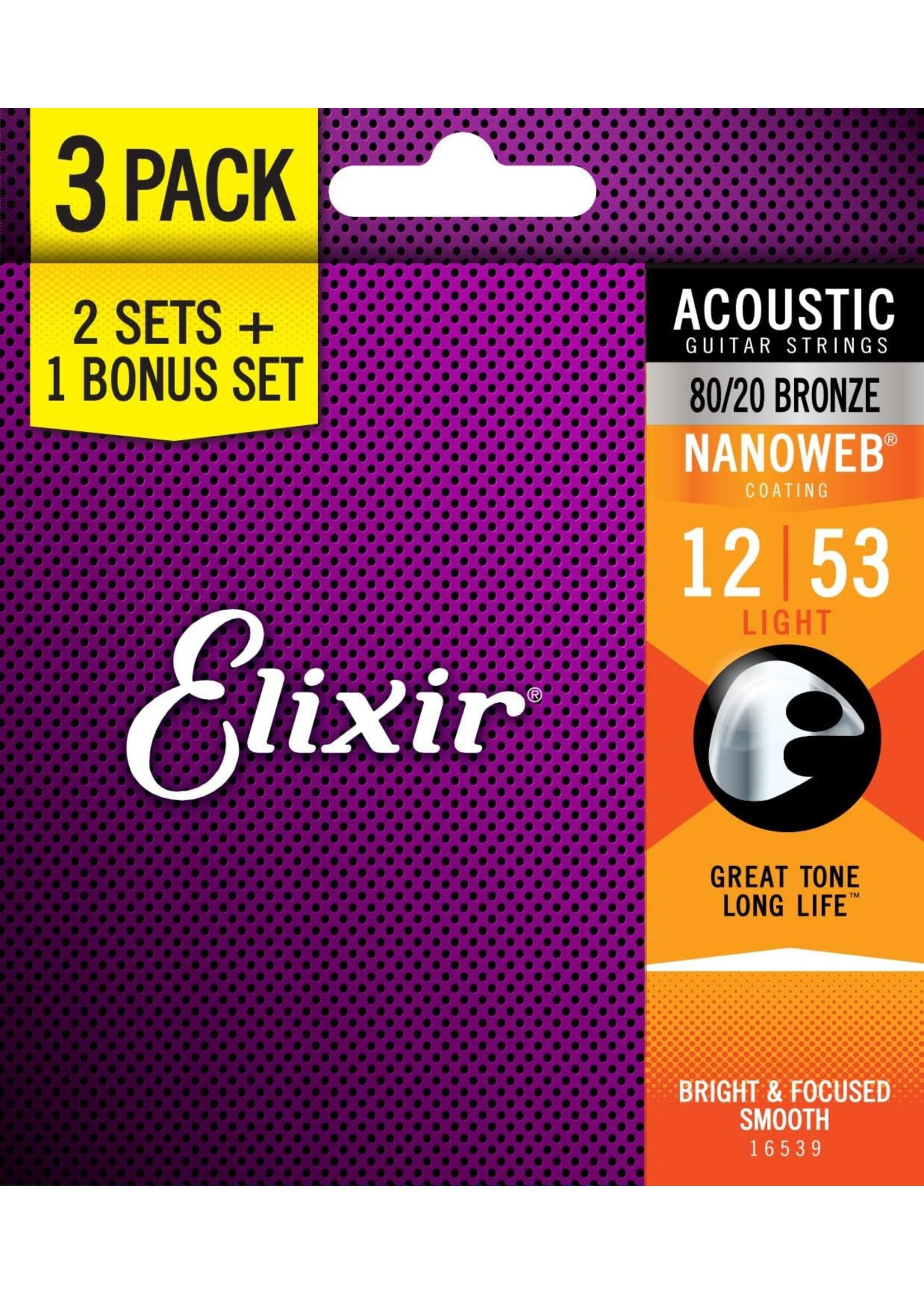 Elixir Elixir Nanoweb Coated 80/20 Acoustic Guitar Strings (.012-.053) (2+1 Pack)