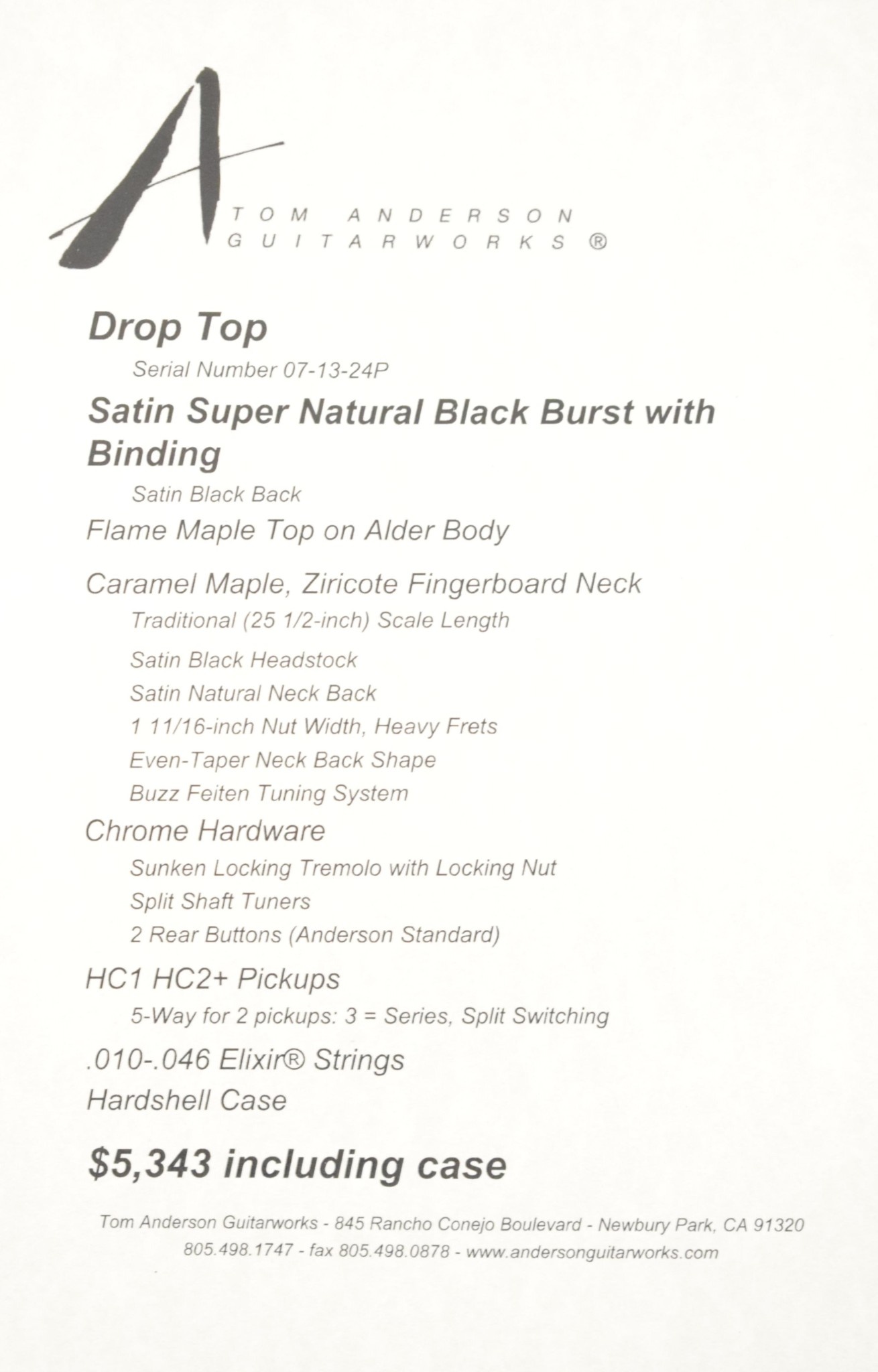 Tom Anderson Tom Anderson Drop Top Satin Super Natural Black Burst with Binding