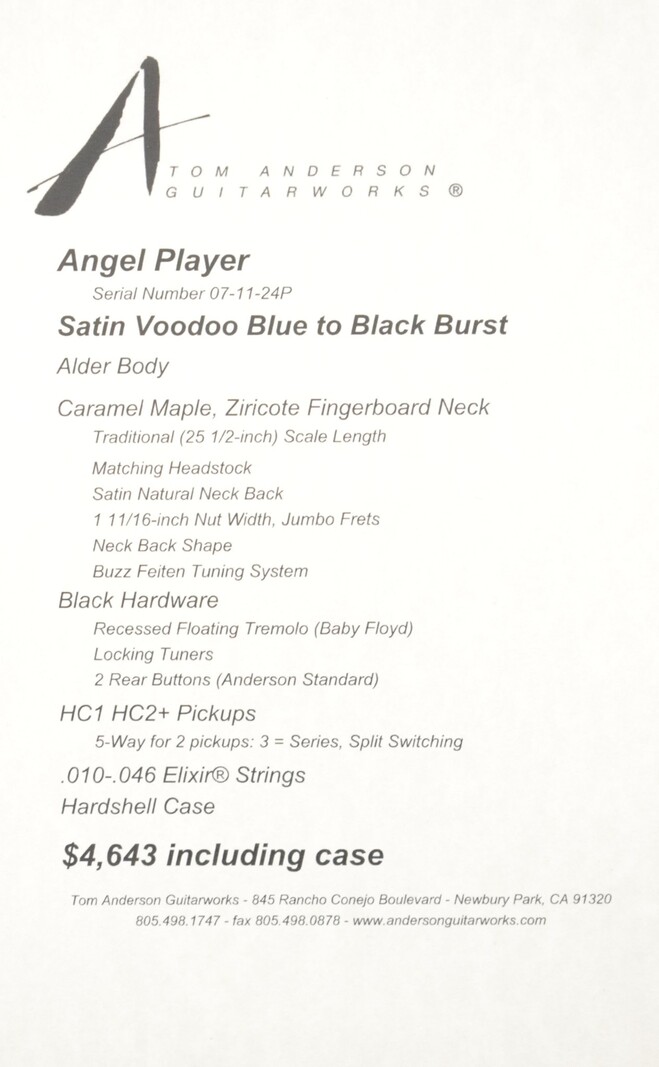 Tom Anderson Tom Anderson Angel Player Satin Voodoo Blue to Black Burst