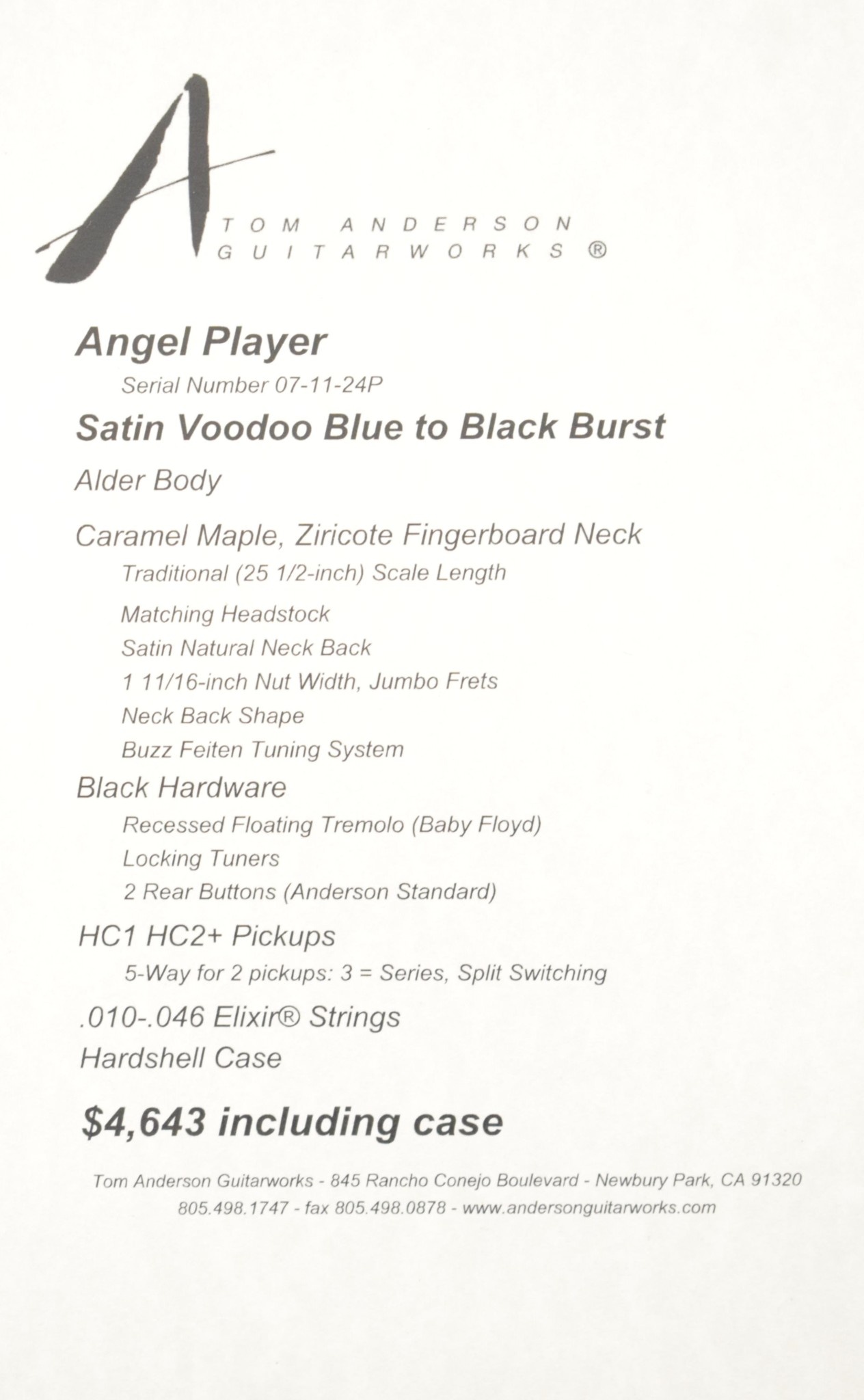Tom Anderson Tom Anderson Angel Player Satin Voodoo Blue to Black Burst SCRATCH & DENT