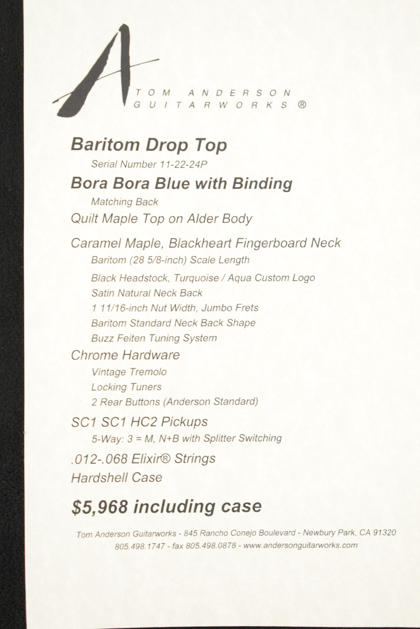 Tom Anderson Tom Anderson Baritom Drop Top Bora Bora Blue with Binding