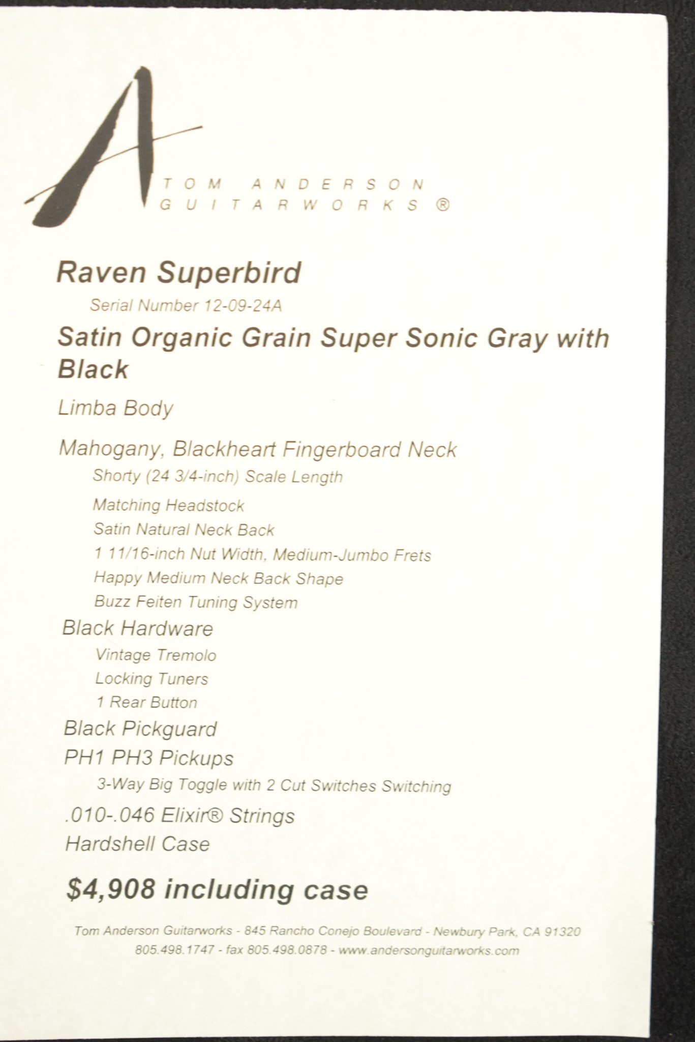 Tom Anderson Tom Anderson Raven Superbird Satin Organic Grain Super Sonic Gray with Black