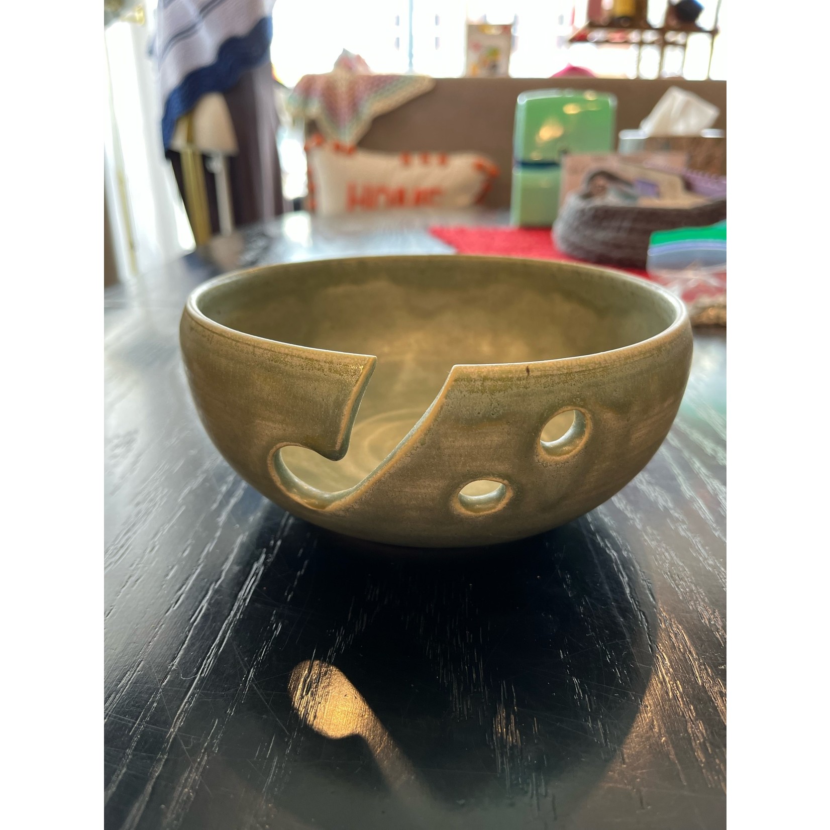 DY Pottery Yarn Bowl Green Tea White Clay